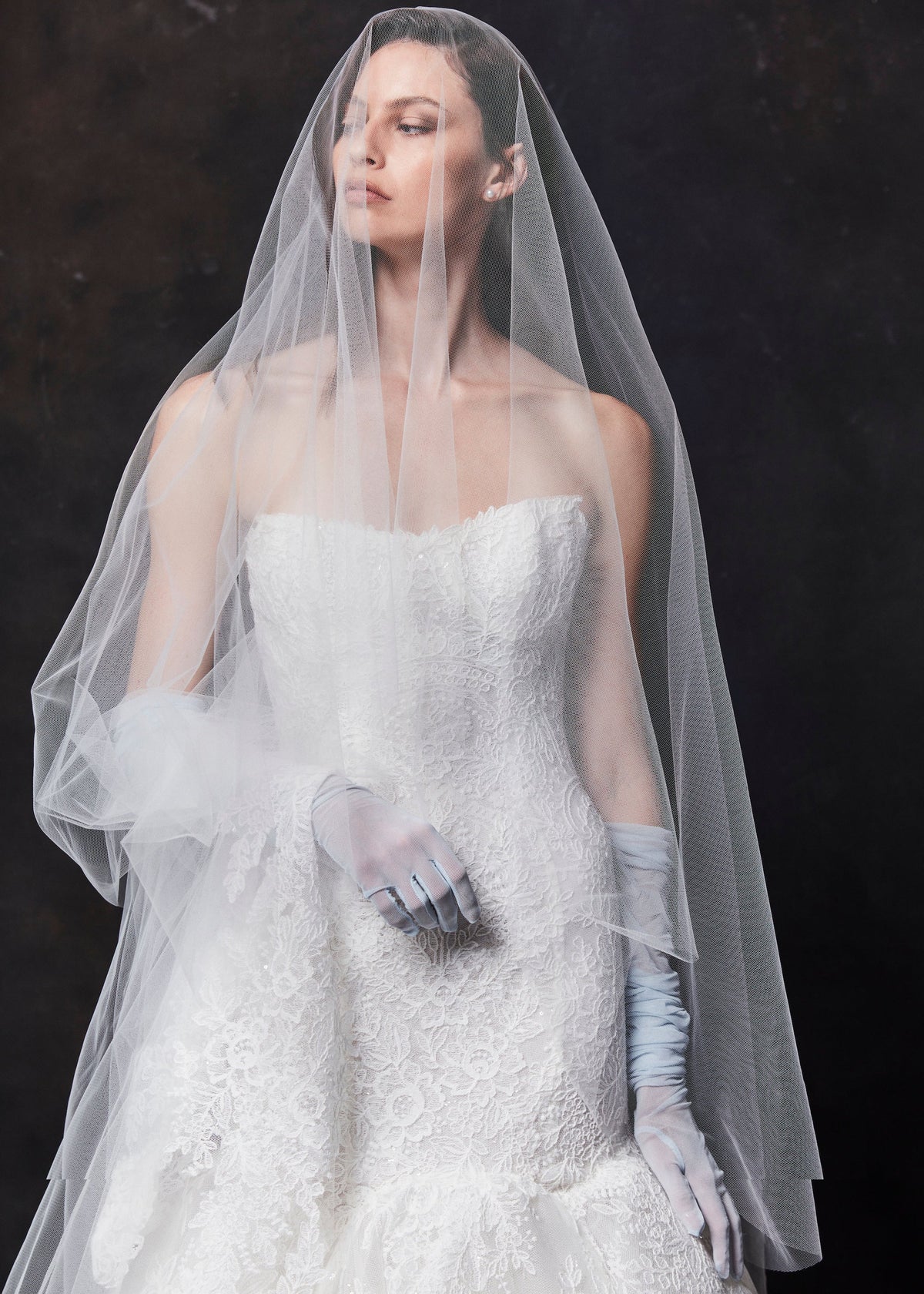 Bride wearing the Bijou veil with a strapless lace gown, from the FW27 collection The Feeling